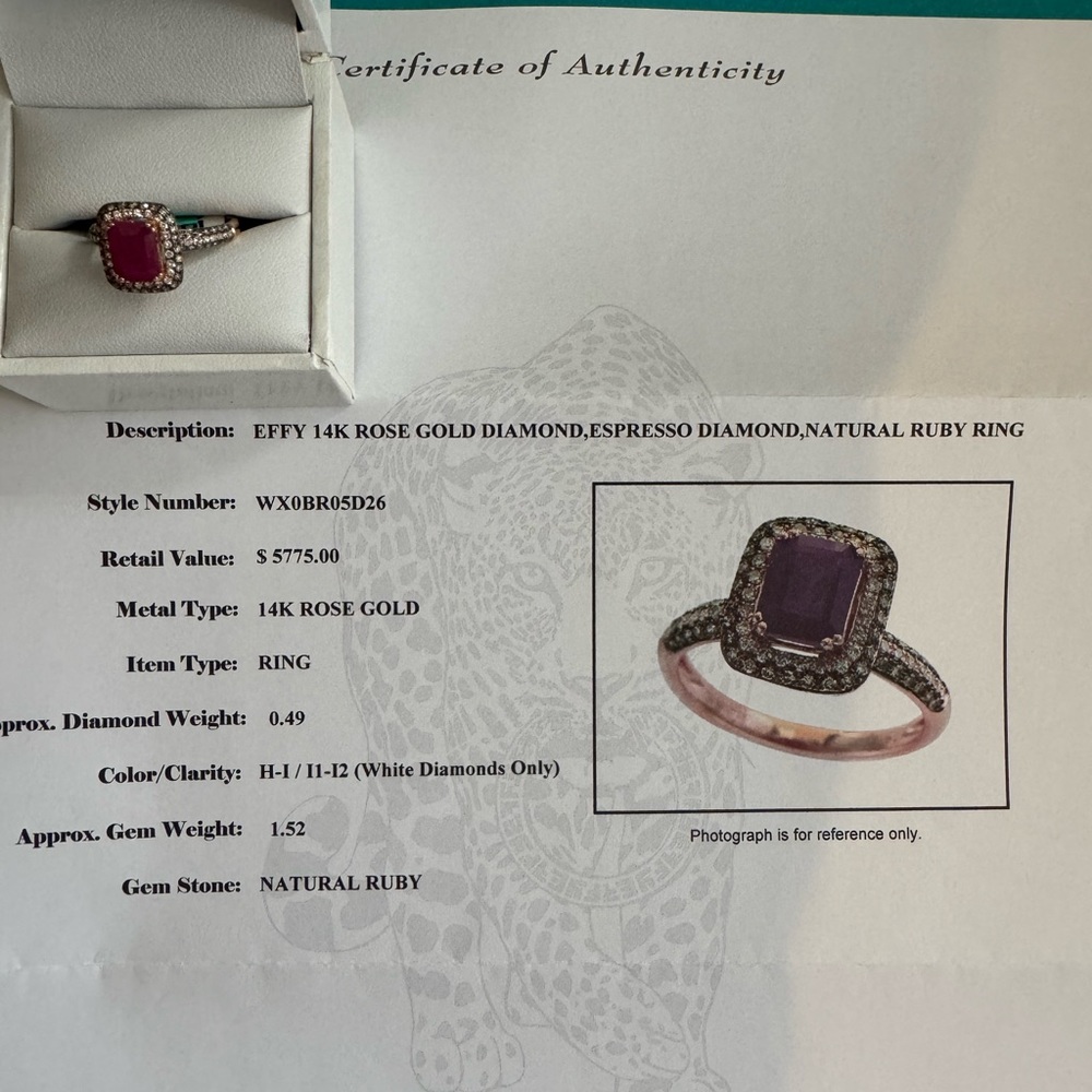 EFFY 14K ROSE GOLD DIAMOND,ESPRESSO DIAMOND,NATURAL RUBY RING - Picture 5 of 6